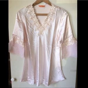 New with tags 100% Silk pearl colored pajama set with lace detailing